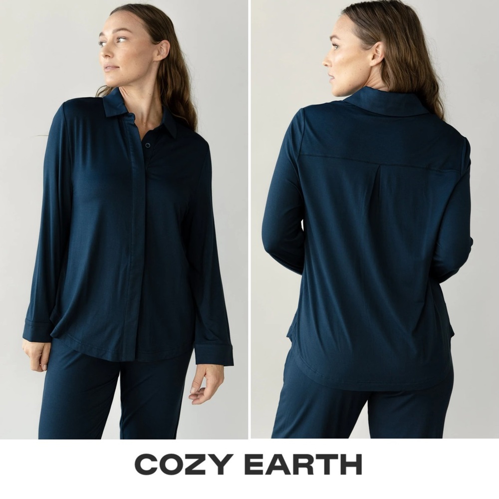 NWT - CozyEarth - Bamboo Collared Long Sleeve Button Down - XS - Blue